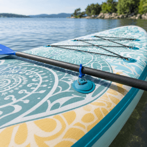 SUP board üzerinde küreğe takılı mavi kürek tutucu klips